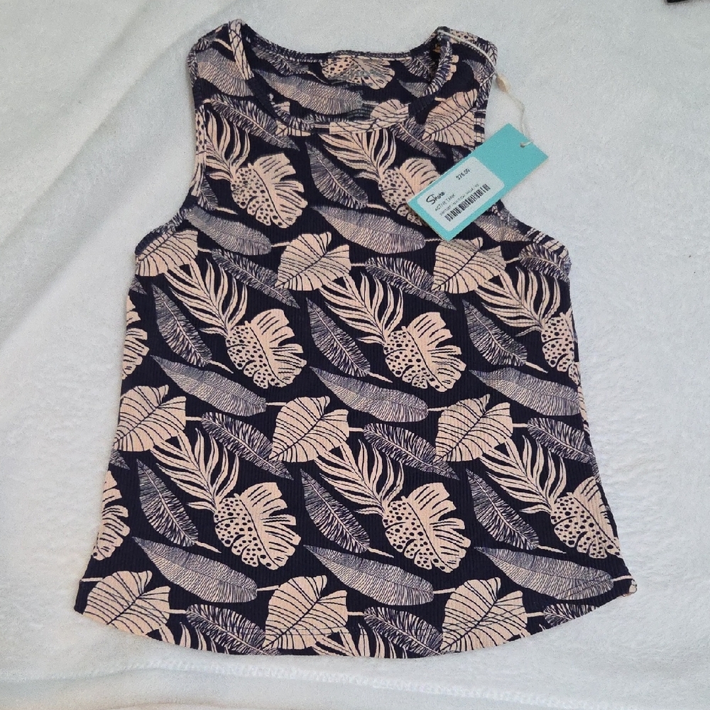 SHORE Dark Blue and Cream Leaf Print Tank Top